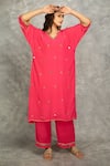 Buy_Tanu Malhotra_Fuchsia Crepe Mirrors V-neck High-low Kaftan Kurta And Pant Set _Online_at_Aza_Fashions