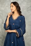 Buy_Tanu Malhotra_Blue Crepe Mirrors, Embroidery V-neck Work Kaftan Kurta And Pant Set _Online_at_Aza_Fashions