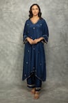 Shop_Tanu Malhotra_Blue Crepe Mirrors, Embroidery V-neck Work Kaftan Kurta And Pant Set _Online_at_Aza_Fashions