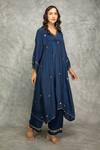 Tanu Malhotra_Blue Crepe Mirrors, Embroidery V-neck Work Kaftan Kurta And Pant Set _at_Aza_Fashions
