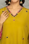 Tanu Malhotra_Mustard Crepe Mirrors V-neck Work Kaftan Kurta And Pant Set _Online_at_Aza_Fashions