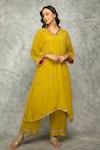 Buy_Tanu Malhotra_Mustard Crepe Mirrors V-neck Work Kaftan Kurta And Pant Set _at_Aza_Fashions