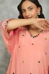 Tanu Malhotra_Peach Crepe Mirrors, Embroidery V-neck High Low Kaftan And Pant Set  _Online_at_Aza_Fashions