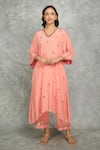 Buy_Tanu Malhotra_Peach Crepe Mirrors, Embroidery V-neck High Low Kaftan And Pant Set  _at_Aza_Fashions