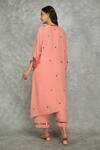 Shop_Tanu Malhotra_Peach Crepe Mirrors, Embroidery V-neck High Low Kaftan And Pant Set  _at_Aza_Fashions