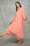 Tanu Malhotra_Peach Crepe Mirrors, Embroidery V-neck High Low Kaftan And Pant Set  _at_Aza_Fashions