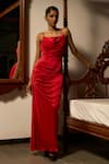 Buy_Saangi_Red Viscose, Satin Cowl Neck Neckline Draped Gown _at_Aza_Fashions