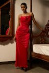 Shop_Saangi_Red Viscose, Satin Cowl Neck Neckline Draped Gown _Online_at_Aza_Fashions