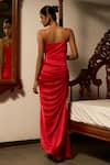 Saangi_Red Viscose, Satin Cowl Neck Neckline Draped Gown _Online_at_Aza_Fashions