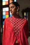 Saangi_Red Modal, Satin Embroidery, Sequins High Neck Crimson Asymmetric Cape Pant Set _Online_at_Aza_Fashions