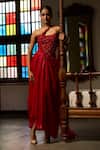 Buy_Saangi_Red Modal, Satin Pearls, Crystals, Beads, Lace Mirage Draped Skirt And Corset Set _at_Aza_Fashions