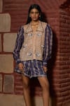 Shop_Saangi_Mauve Organza, Satin Embroidery Collared Bird Motif Shorts Co-ord Set _at_Aza_Fashions