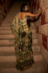Saangi_Green Organza, Satin Sequins, Jungle Print Ruffle Pre-draped Saree With Blouse _Online_at_Aza_Fashions