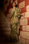 Saangi_Green Organza, Satin Sequins, Jungle Print Ruffle Pre-draped Saree With Blouse _at_Aza_Fashions