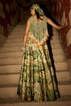 Saangi_Green Satin, Chinon Tassels, Embroidery, Beads Jungle Print Cape Skirt Set _Online_at_Aza_Fashions