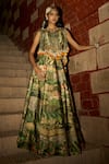 Shop_Saangi_Green Satin, Chinon Tassels, Embroidery, Beads Jungle Print Cape Skirt Set _Online_at_Aza_Fashions