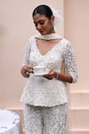 Buy_Meenagurnam_Ivory Net Sequins, Beads, Cut Work V-neck Embellished Peplum Kurta Sharara Set _Online_at_Aza_Fashions