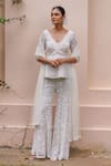 Buy_Meenagurnam_Ivory Net Sequins, Beads, Cut Work V-neck Embellished Peplum Kurta Sharara Set _at_Aza_Fashions