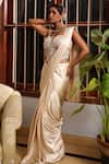 Meenagurnam_Ivory Satin, Net Sequins, Pearls, Pre-draped Saree And Embellished Blouse Set _Online_at_Aza_Fashions