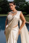 Buy_Meenagurnam_Ivory Satin, Net Sequins, Pearls, Pre-draped Saree And Embellished Blouse Set _Online_at_Aza_Fashions