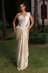 Buy_Meenagurnam_Ivory Satin, Net Sequins, Pearls, Pre-draped Saree And Embellished Blouse Set _at_Aza_Fashions