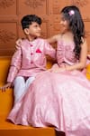 Shop Kirti Agarwal - Pret N Couture Pink Brocade Embroidery Ruched Crop Top And Lehenga Set Online at Aza Fashions Shop_Kirti Agarwal - Pret N Couture_Pink Brocade Embroidery Ruched Crop Top And Lehenga Set _Online_at_Aza_Fashions