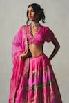 Basil Leaf_Pink Linen, Satin, Organza Sequins, Embroidery, Zari V-neck, Printed Lehenga Set _Online_at_Aza_Fashions