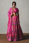 Buy_Basil Leaf_Pink Linen, Satin, Organza Sequins, Embroidery, Zari V-neck, Printed Lehenga Set _at_Aza_Fashions
