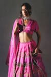 Buy_Basil Leaf_Pink Linen, Satin, Organza Sequins, Embroidery, Zari V-neck, Printed Lehenga Set _Online_at_Aza_Fashions