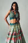 Buy_Basil Leaf_Green Tussar, Organza Sequins, Embroidery Bottlegreen Printed Lehenga Set _Online_at_Aza_Fashions
