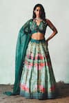 Buy_Basil Leaf_Green Tussar, Organza Sequins, Embroidery Bottlegreen Printed Lehenga Set _at_Aza_Fashions