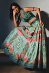 Basil Leaf_Green Tussar, Organza Sequins, Embroidery Bottlegreen Printed Lehenga Set _at_Aza_Fashions