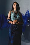 Basil Leaf_Blue Chiffon Sequins, Beads, Tonal Printed Pre-draped Saree With Blouse _Online_at_Aza_Fashions