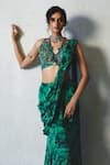 Basil Leaf_Green Chiffon Embroidery, Sequins Tonal Print Pre-draped Saree With Blouse _Online_at_Aza_Fashions