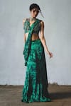 Buy_Basil Leaf_Green Chiffon Embroidery, Sequins Tonal Print Pre-draped Saree With Blouse _at_Aza_Fashions