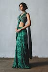 Buy_Basil Leaf_Green Chiffon Embroidery, Sequins Tonal Print Pre-draped Saree With Blouse _Online_at_Aza_Fashions