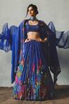Buy_Basil Leaf_Blue Chiffon Embroidery, Sequins Round Neck, Floral Printed Pleated Lehenga Set _at_Aza_Fashions
