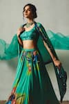 Basil Leaf_Aqua Chiffon Sequins, Embroidery Round Neck, Scoop Floral Printed Lehenga Set _Online_at_Aza_Fashions