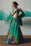 Buy_Basil Leaf_Aqua Chiffon Sequins, Embroidery Round Neck, Scoop Floral Printed Lehenga Set _Online_at_Aza_Fashions