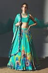 Buy_Basil Leaf_Aqua Chiffon Sequins, Embroidery Round Neck, Scoop Floral Printed Lehenga Set _at_Aza_Fashions