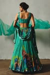 Shop_Basil Leaf_Aqua Chiffon Sequins, Embroidery Round Neck, Scoop Floral Printed Lehenga Set _at_Aza_Fashions