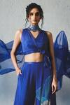 Basil Leaf_Blue Chiffon Embroidery, Sequins V-neck Top With Palazzo _Online_at_Aza_Fashions