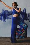 Basil Leaf_Blue Chiffon Embroidery, Sequins V-neck Top With Palazzo _at_Aza_Fashions