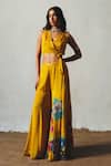 Buy_Basil Leaf_Yellow Chiffon Embroidery, Sequins V-neck Top With Palazzo _at_Aza_Fashions