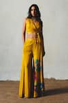 Basil Leaf_Yellow Chiffon Embroidery, Sequins V-neck Top With Palazzo _at_Aza_Fashions