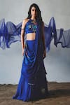 Buy_Basil Leaf_Blue Chiffon Sequins, Embroidery, Fabric Printed Pre-draped Saree With Blouse _at_Aza_Fashions