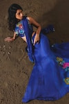 Basil Leaf_Blue Chiffon Sequins, Embroidery, Fabric Printed Pre-draped Saree With Blouse _Online_at_Aza_Fashions