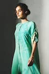 Buy_Basil Leaf_Aqua Crepe Mandarin Collar, Split V-neck Floral Printed Kurta And Pant Set _Online_at_Aza_Fashions