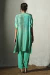 Shop_Basil Leaf_Aqua Crepe Mandarin Collar, Split V-neck Floral Printed Kurta And Pant Set _at_Aza_Fashions