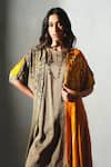 Basil Leaf_Orange Crepe, Linen, Silk Open , Round Printed Jacket And Kurta Set _at_Aza_Fashions